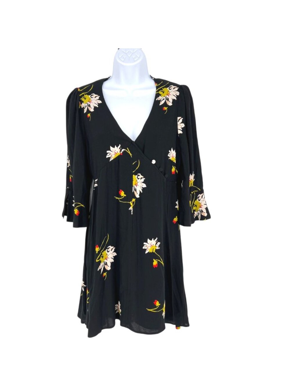 Free People Time On My Side Floral Wrap Mini Dress Black Whimsygoth Size XS
